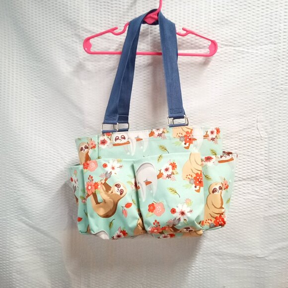 NGIL Small Utility Tote – Sloth Print | Light Blue with Pockets - Picture 1 of 5